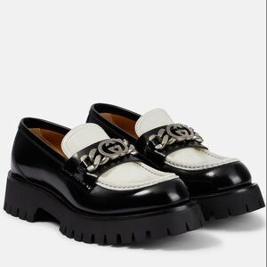 NWT NIB Gucci GG Cordovan Lux Platform Loafers Black & White, sz 39.5, US 9.5